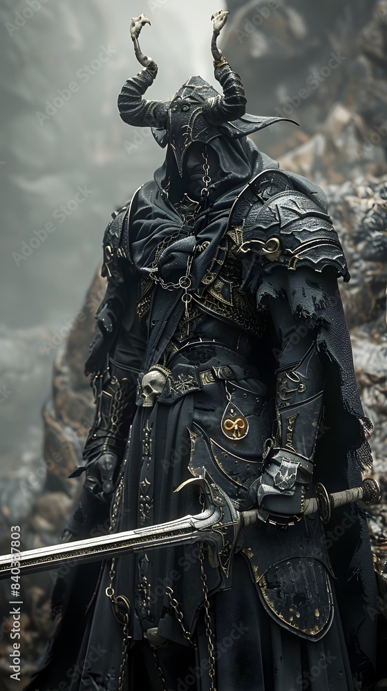 Imposing Horned Necromancer in Dark Fantasy Regalia Wielding Ceremonial Longsword in Misty Mountain Pass Imposing Horned Necromancer in Dark Fantasy Regalia Wielding Ceremonial Longsword in Misty Mountain Pass
