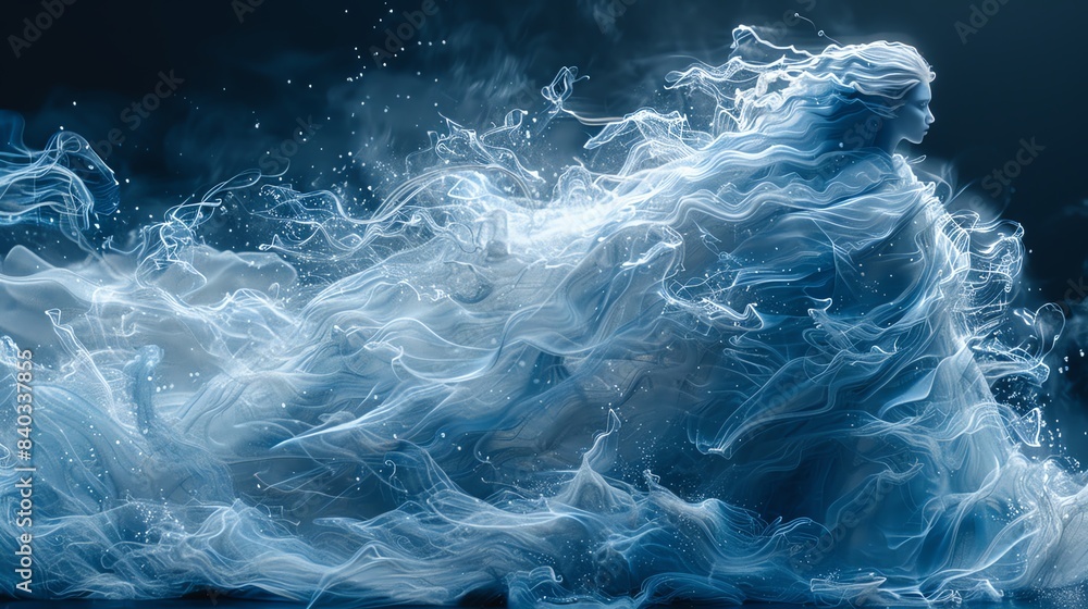 Fototapeta premium Group of glowing, white fairy-like figures with wings, dancing in a circle on stage.