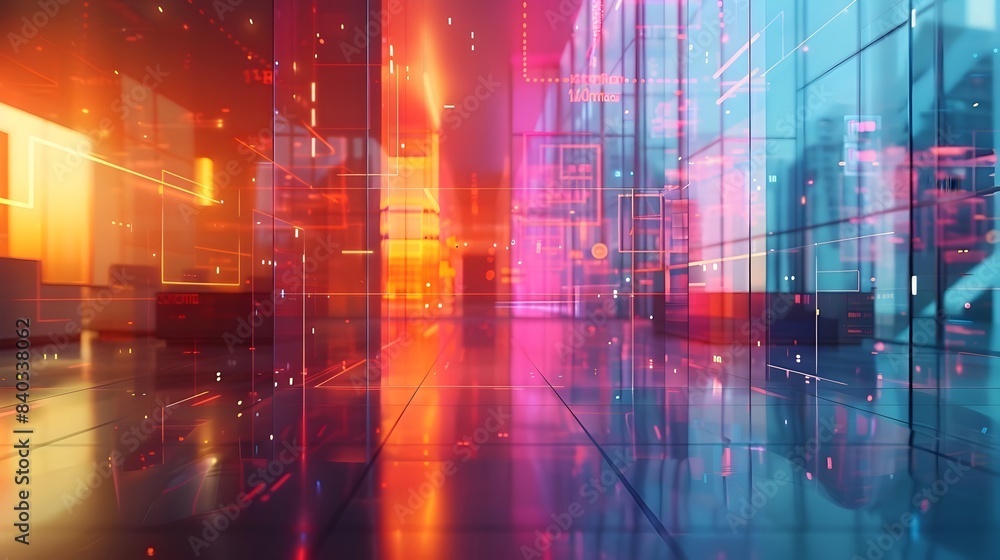 Naklejka premium Innovative Holographic Sales Pitch with Vibrant Color Spectrum and Abstract Data Sculptures