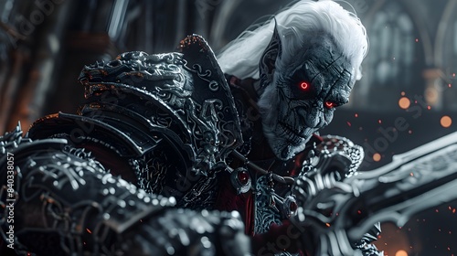 Imposing White-Maned Vampire Warlord Wielding Deadly Obsidian-Hued Glaive in Dominating Pose