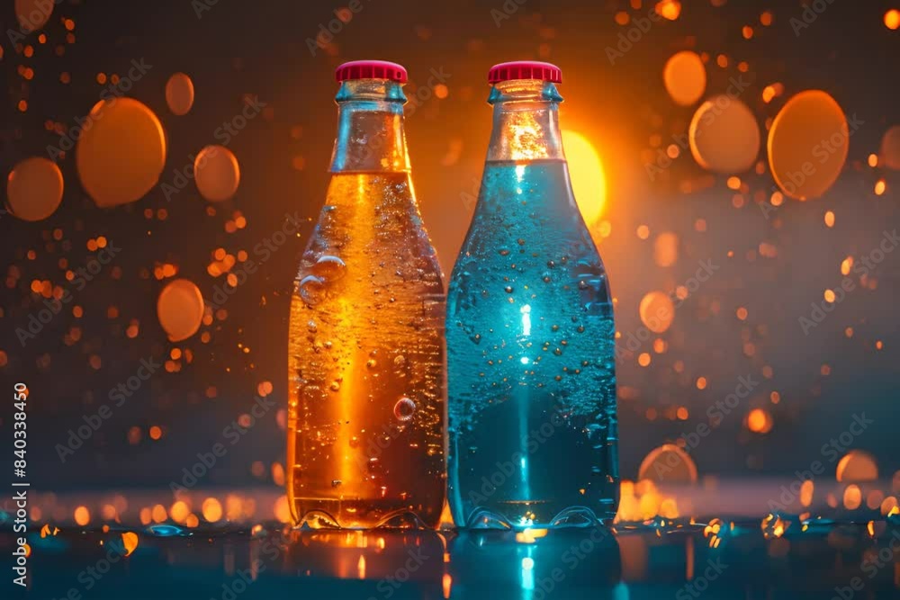Close-up of blue and red bottles immersed in water with numerous bubbles surrounding them on a gradient blue background. Close-up of blue and red bottles immersed in water with numerous bubbles surrounding them on a gradient blue background.