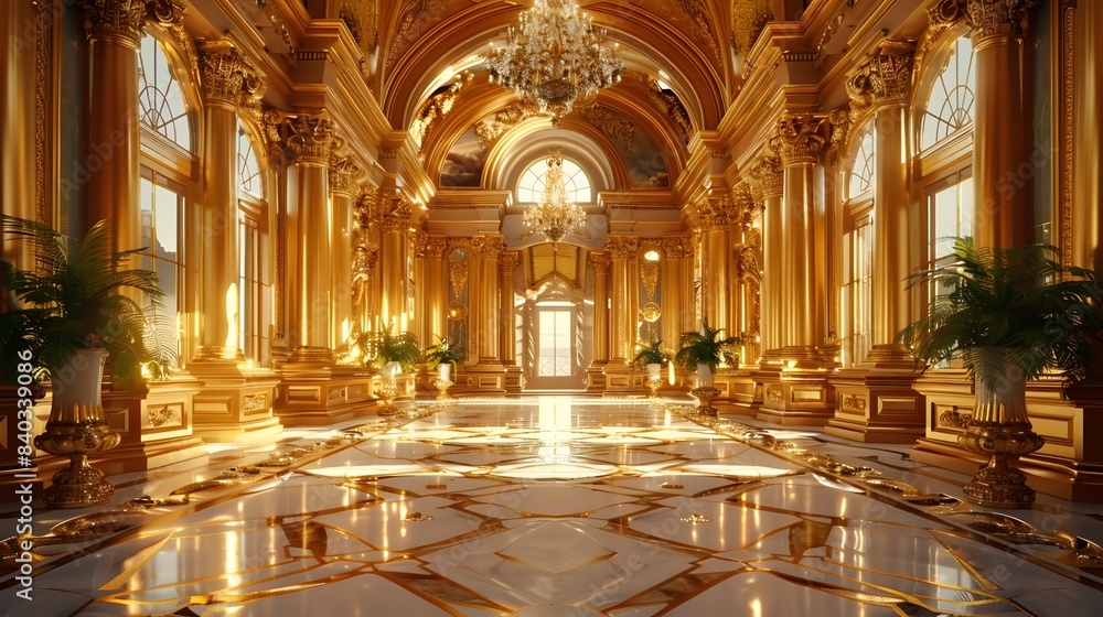 Fototapeta premium Majestic Golden Mansion with Ornate Design Elements and Gleaming Surfaces in Cinematic Photographic Style