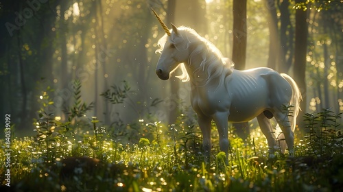 Majestic Unicorn Stands Amidst Enchanting Forest Clearing in Soft Diffused Light