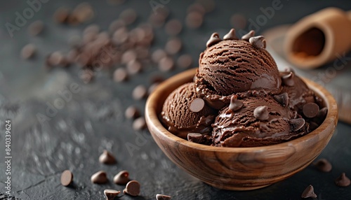 Delicious Chocolate Ice Cream Scoops in Wooden Bowl with Chocolate Chips on Dark Background - Perfect for Dessert, Food Photography, and Culinary Art