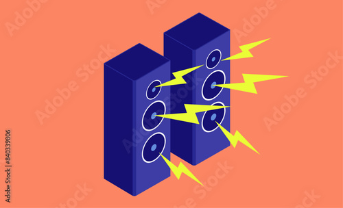 Loud music speakers - Stereo loudspeakers with powerful audio lightning bolts on red background. Isometric flat design vector illustration