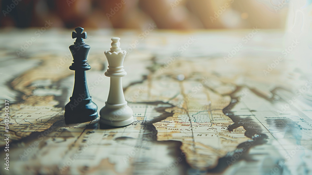 Geopolitical Strategy. Chess Pieces on a World Map Symbolizing Global Tensions Geopolitical Strategy. Chess Pieces on a World Map Symbolizing Global Tensions