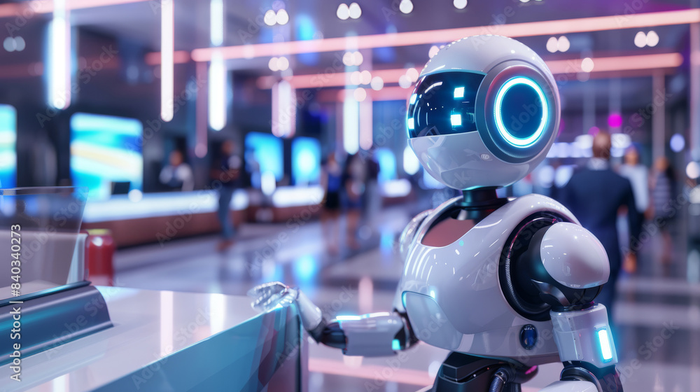 AI chatbots assisting travelers at a hotel front desk standing in front of a wooden counter AI chatbots assisting travelers at a hotel front desk standing in front of a wooden counter