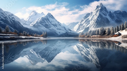 a tranquil mountain lake nestled amidst snow-capped peaks, 