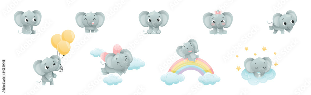 Funny Grey Elephant with Large Ear Flaps and Trunk Enjoying Different Activity Vector Set Funny Grey Elephant with Large Ear Flaps and Trunk Enjoying Different Activity Vector Set