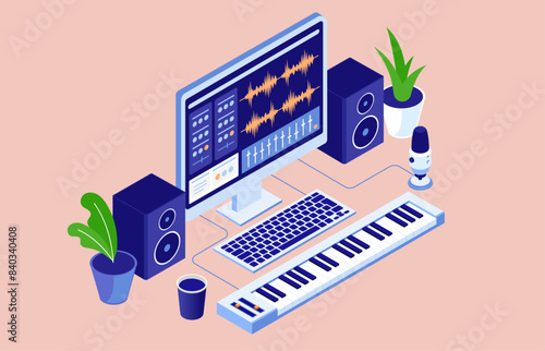 Music and audio production on computer screen - PC desktop in isometric view with speakers, microphone and software of stereo sound editing. Isometric view flat design vector illustration