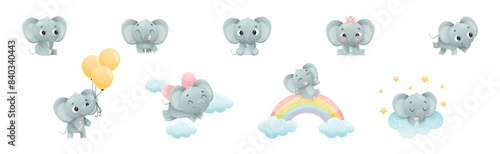 Funny Grey Elephant with Large Ear Flaps and Trunk Enjoying Different Activity Vector Set