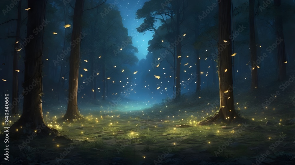 An enchanting scene of fireflies illuminating the darkness of a forest clearing, their bioluminescent glow casting an otherworldly ambiance that An enchanting scene of fireflies illuminating the darkness of a forest clearing, their bioluminescent glow casting an otherworldly ambiance that
