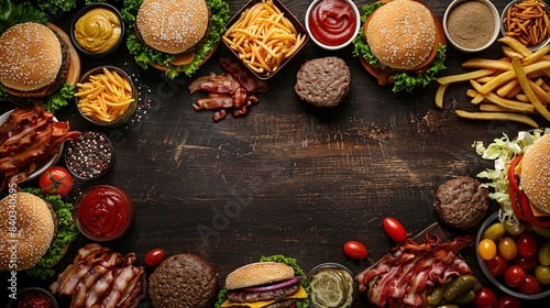 Assorted Fast Food Items on Rustic Wooden Table with Burgers, Fries, Bacon, Sauces, and Vegetables - Perfect for Food and Culinary Themes