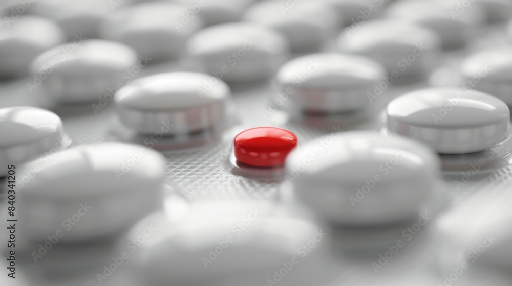 Vital Red Pill Amidst a Sea of White Tablets Symbolic Medication Image for Health and Treatment Concepts Vital Red Pill Amidst a Sea of White Tablets Symbolic Medication Image for Health and Treatment Concepts