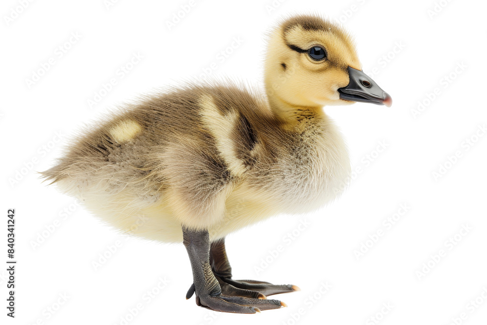 Adorable baby duckling standing on white background, showcasing its soft feathers and cute appearance. Adorable baby duckling standing on white background, showcasing its soft feathers and cute appearance.