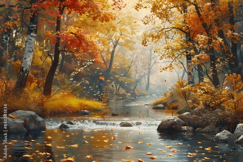 Obraz premium Serene Autumn Landscape with Winding River and Vibrant Foliage in Impressionistic Oil Painting Style