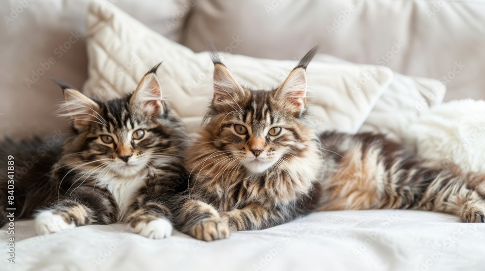 Two adorable Maine Coon kittens are relaxing on a white bed, looking directly at the camera. They have soft, fluffy fur and bright, curious eyes. Two adorable Maine Coon kittens are relaxing on a white bed, looking directly at the camera. They have soft, fluffy fur and bright, curious eyes.