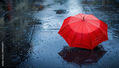 Vibrant Red Umbrella on Wet Pavement in Rainy Urban Setting  Reflecting City Lights and Raindrops  Capturing the Essence of a Rainy Day in the City with a Touch of Color and Elegance