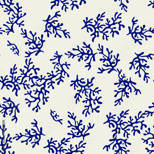 Coral seamless pattern background in vintage style in blue colors. Matisse-inspired modern abstract organic algae background. Vector design for textile, wrapping paper, greeting cards.