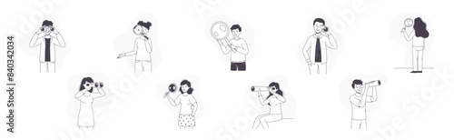 People Character with Binocular, Telescope and Magnifying Glass Looking in Future Vector Set