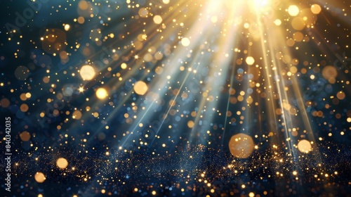 sparkling glitter falling against a dark background with gold light ray photo