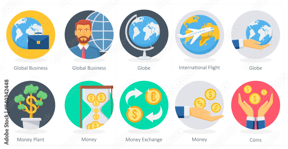 A set of 10 Business icons as global business, globe, international flight A set of 10 Business icons as global business, globe, international flight