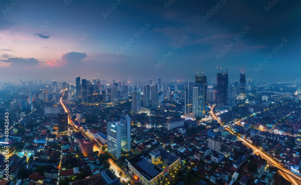 Obraz premium Aerial view of the cityscape at night with illuminated buildings and streets