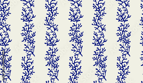 Sea corals seamless pattern background in blue colors. Summer minimalistic stripe texture
