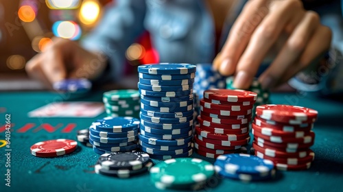 Close-Up of Colorful Poker Chips Stacked on a Casino Table with Player's Hands in the Background, Capturing the Excitement and Atmosphere of Gambling and Casino Games