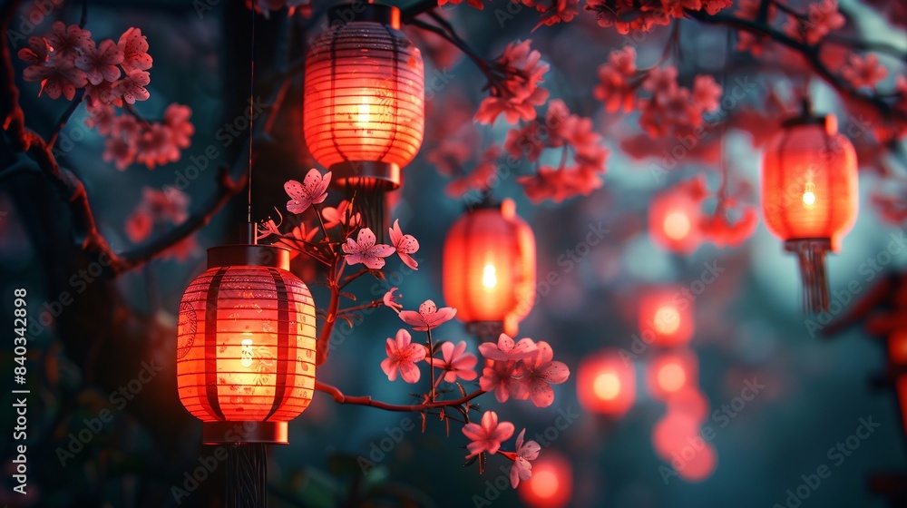 Enchanting Night Scene with Traditional Red Lanterns and Cherry Blossoms in Full Bloom, Illuminating a Tranquil Garden Setting with a Mystical Atmosphere Enchanting Night Scene with Traditional Red Lanterns and Cherry Blossoms in Full Bloom, Illuminating a Tranquil Garden Setting with a Mystical Atmosphere