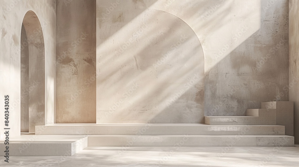 Minimalist Architectural Interior with Sunlight Streaming Through Arched Doorways and Stairs in a Modern Concrete Space Minimalist Architectural Interior with Sunlight Streaming Through Arched Doorways and Stairs in a Modern Concrete Space