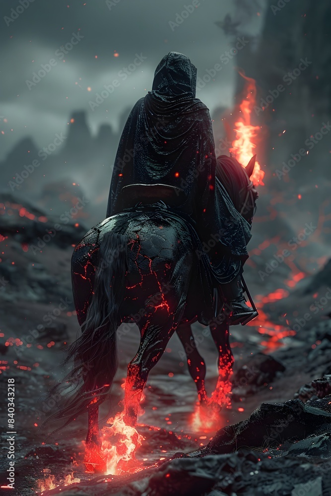 The Harbinger of Apocalyptic Ruin Riding a Blazing Steed Through a Ravaged and Desolate Wasteland,Shrouded in Tattered Robes The Harbinger of Apocalyptic Ruin Riding a Blazing Steed Through a Ravaged and Desolate Wasteland,Shrouded in Tattered Robes