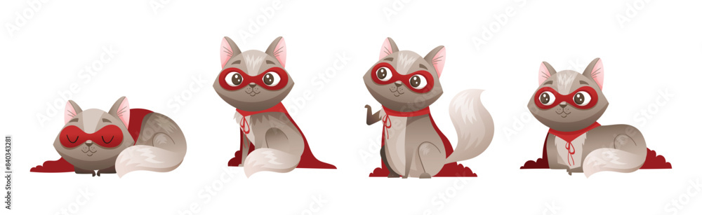 Obraz premium Grey Cat Superhero Character Wearing Red Cloak and Mask Vector Set.