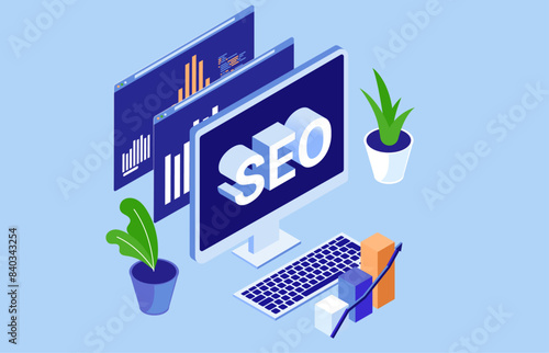 SEO concept illustration - Search engine optimisation work and statistics on desktop PC computer screen with word graphs and charts. Isometric flat design vector with blue background