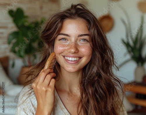young beautiful woman smiling confident holding brush standing at home