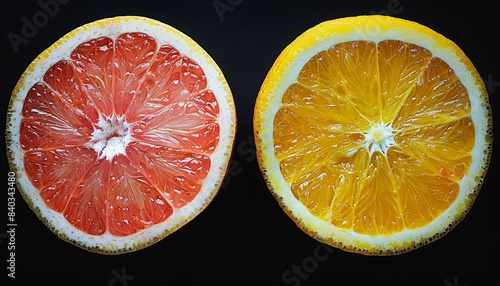 Close-up of Halved Citrus Fruits - Vibrant Red Grapefruit and Juicy Orange on Black Background  Showcasing Freshness and Natural Texture in High Detail