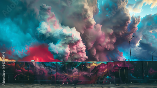 Capture an eye-level view of a surreal storm cloud blending seamlessly into a vibrant street art mural