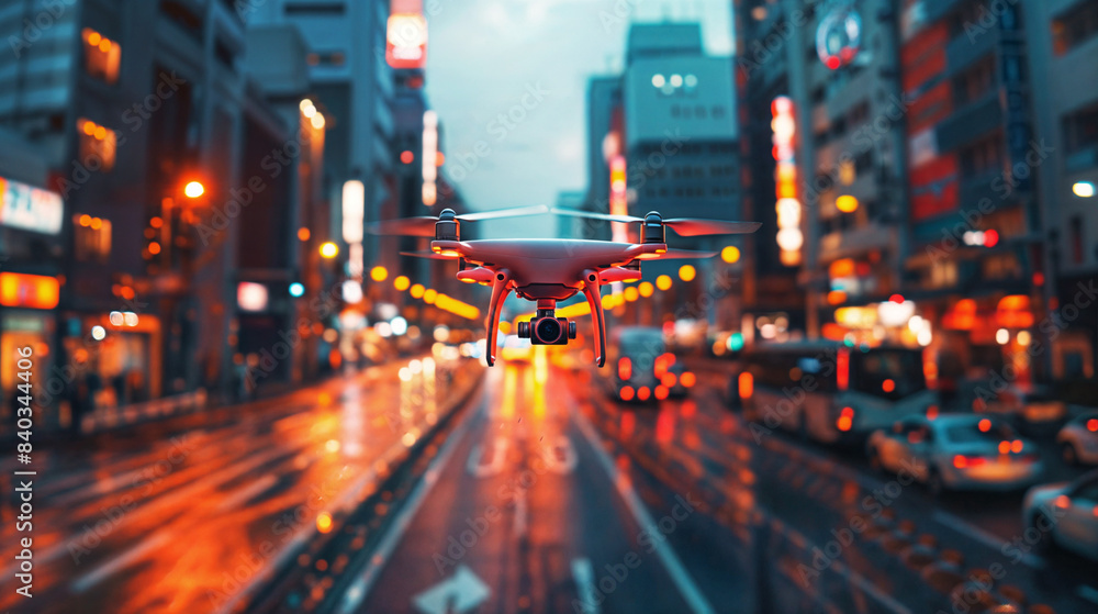 An observation drone with video camera is flying over a street in a big city
