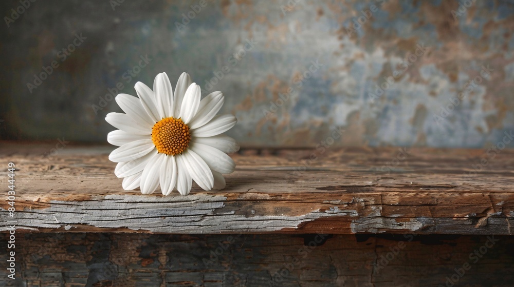 Obraz premium Single White Daisy on Rustic Wooden Surface with Weathered Background, Perfect for Nature, Floral, and Rustic-Themed Projects
