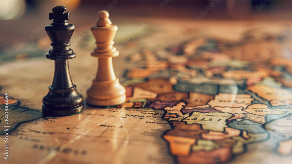 Geopolitical Strategy. Chess Pieces on a World Map Symbolizing Global Tensions Geopolitical Strategy. Chess Pieces on a World Map Symbolizing Global Tensions