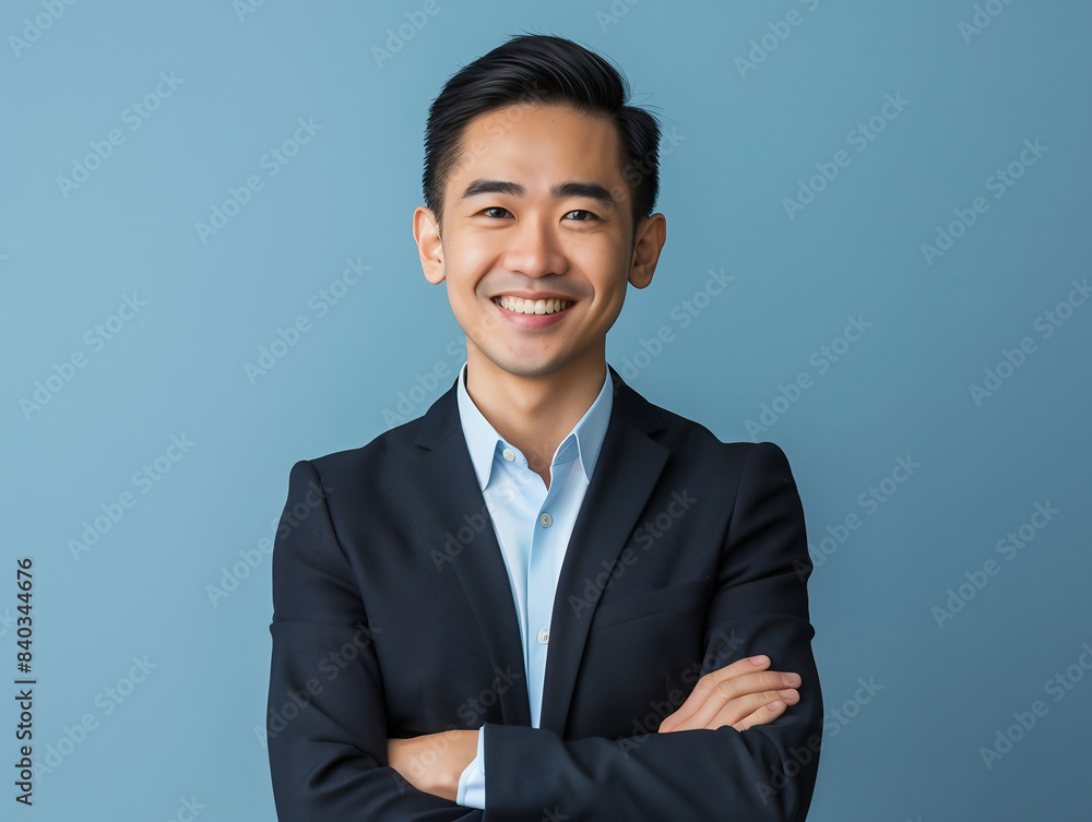 A handsome young Asian businessman is smiling with his arms crossed, wearing business attire against a blue background A handsome young Asian businessman is smiling with his arms crossed, wearing business attire against a blue background