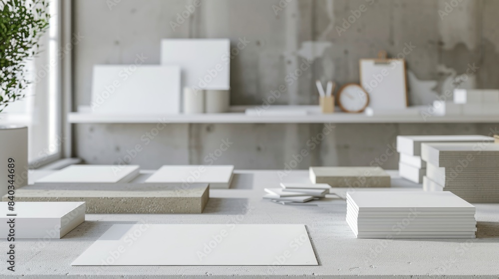 Fototapeta premium Green Architect's Haven Sustainable Workspace with EcoFriendly Designs and Business Cards