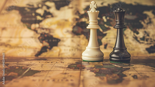 Geopolitical Strategy. Chess Pieces on a World Map Symbolizing Global Tensions photo