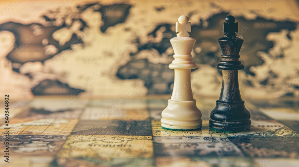 Geopolitical Strategy. Chess Pieces on a World Map Symbolizing Global Tensions Geopolitical Strategy. Chess Pieces on a World Map Symbolizing Global Tensions