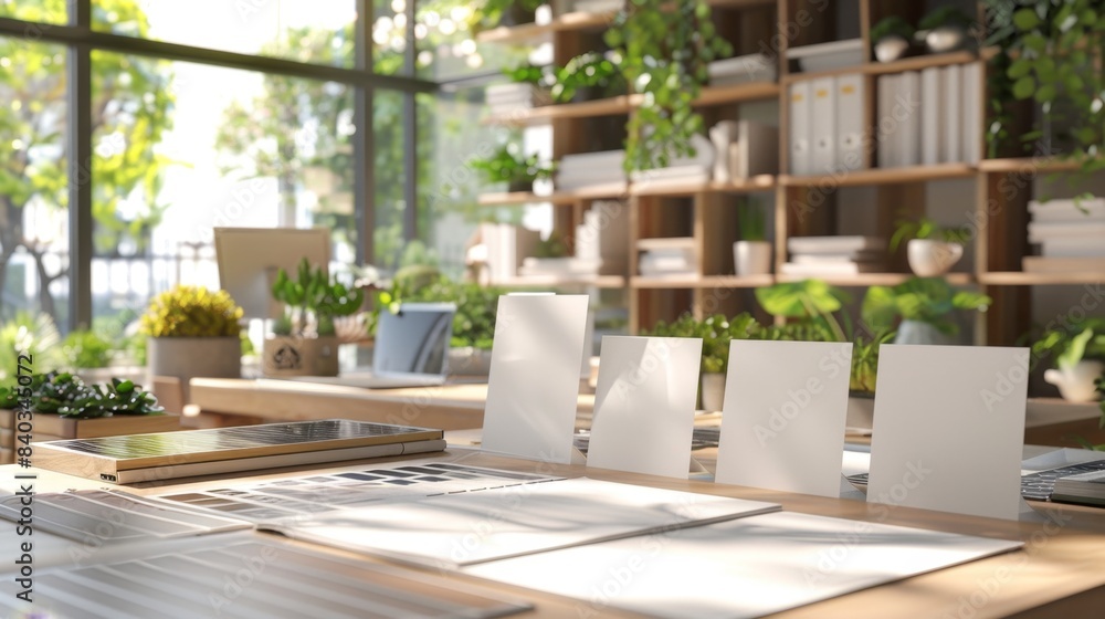 Fototapeta premium Green Architect's Workspace Sustainable Office with EcoFriendly Designs Solar Panels and Business Cards Environmental Building Concept