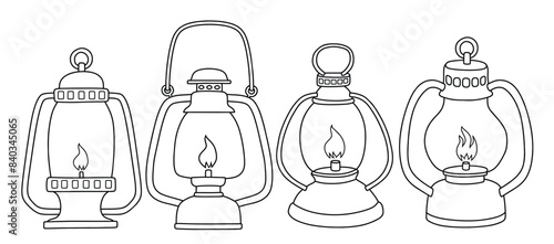 Camping travel lantern doodle icon hand drawing set vector illustration.