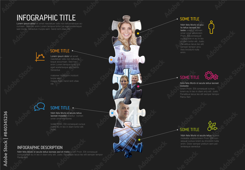Multipurpose dark infographic template with five puzzle pieces photo plceholders
