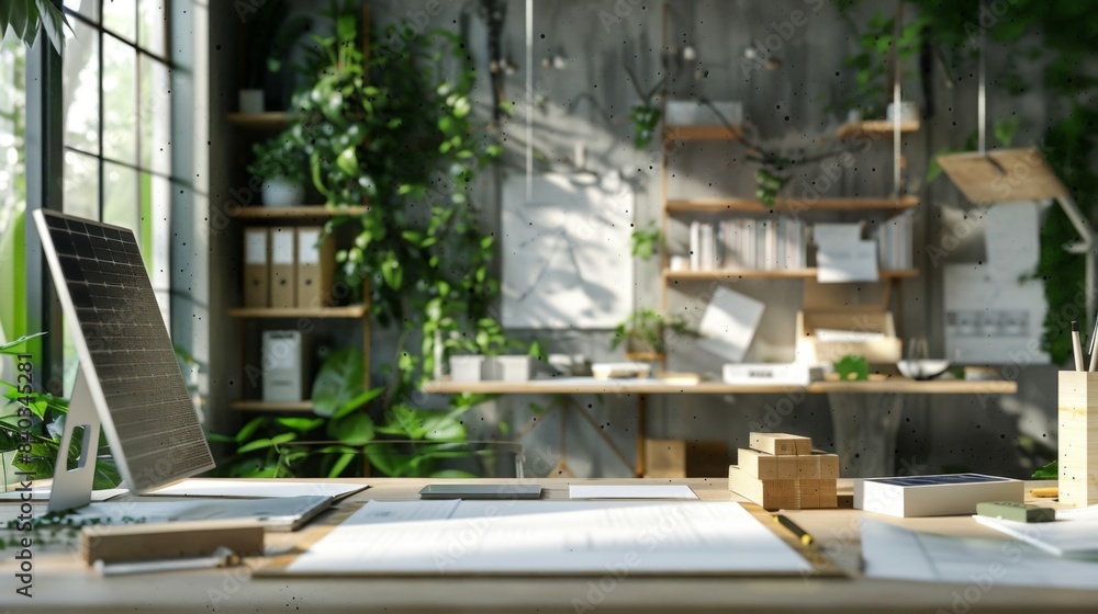 Green Architect's Workspace Sustainable Office with EcoFriendly Designs Solar Panels and Business Cards Environmental Building Concept