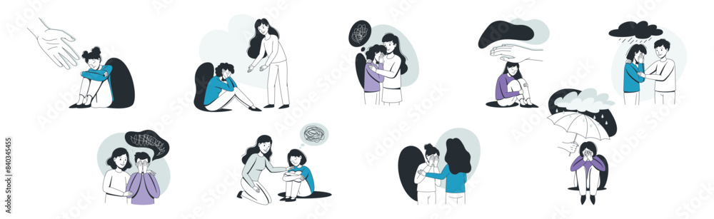 Help to Young Man and Woman in Depression Feeling Sad Suffering from Mental Disorder Vector Set Help to Young Man and Woman in Depression Feeling Sad Suffering from Mental Disorder Vector Set