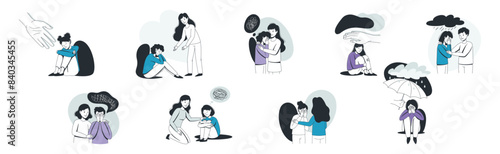 Help to Young Man and Woman in Depression Feeling Sad Suffering from Mental Disorder Vector Set